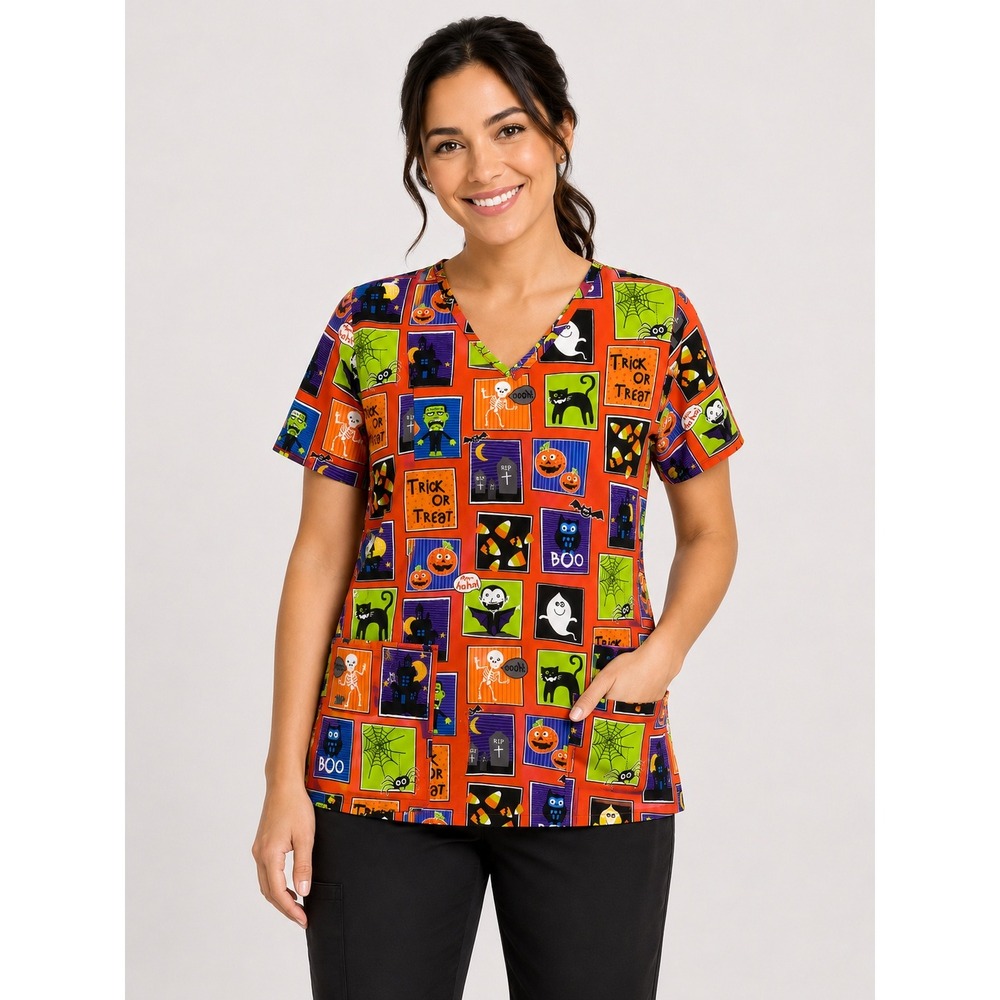 Scrubstar Scrub Top Medium Orange Halloween Trick or Treat Medical Uniform Nurse